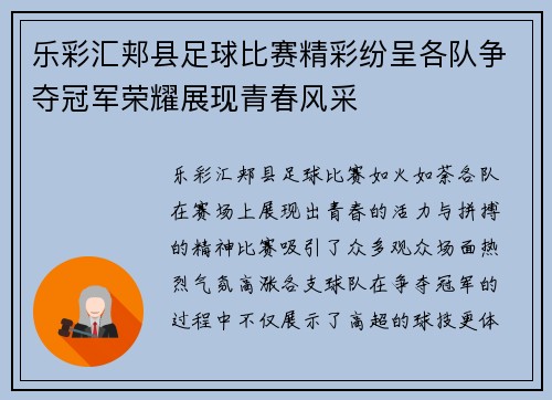 乐彩汇郏县足球比赛精彩纷呈各队争夺冠军荣耀展现青春风采