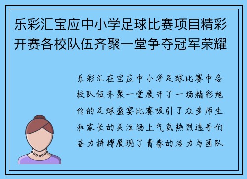 乐彩汇宝应中小学足球比赛项目精彩开赛各校队伍齐聚一堂争夺冠军荣耀
