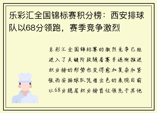 乐彩汇全国锦标赛积分榜：西安排球队以68分领跑，赛季竞争激烈